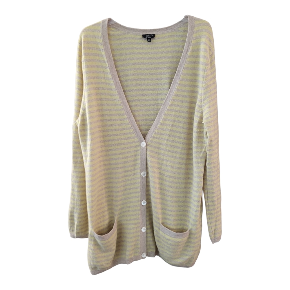 Talbots Women's Yellow and Tan Striped Oversized Pure Cashmere Cardigan- Size XL